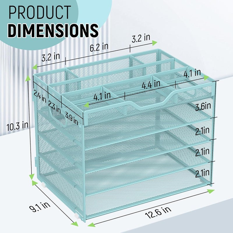 Docnest 5 Tier Mesh Desk Organizer- Letter Tray with Adjustable Compartments, Mesh Desktop Storage Built in Pen Holder and Handles, Desk Organizer Tray for Mail Documents Office Supplies-Blue - Image 3